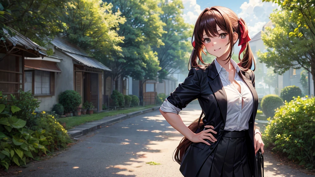 1girl, full body, solo, summer, village, trees, sun, clouds, ((chestnutl hair)), long hair, twintail, large breasts, ((black blazer)), button down shirt, ((white shirt)), ((short sleeved shirt)), ((unbuttoned shirt)), unbuttoning buttons, cleavage 1:3, brown eyes, skirt, grin, looking at the viewer, standing, touching neck, hair ribbon, golden necklate, hands on hip