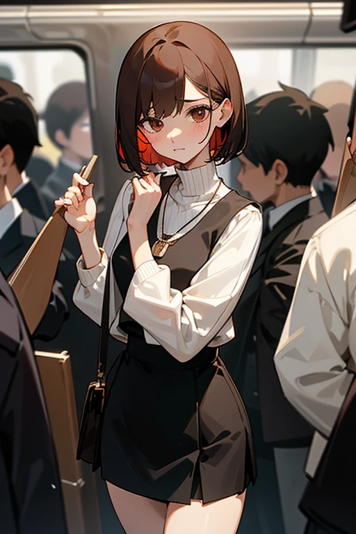 Brown short bob、Sleeveless white sweater、wearing a black jacket、Flared sleeves、Tight Skirt、Black Stockings、necklace、Extremely crowded train、There are a lot of people crowded together、Disheveled clothes、Your cheeks are red、slender、Curved waist、slender、Beautiful clavicle、There are a lot of people and they are close to each other、