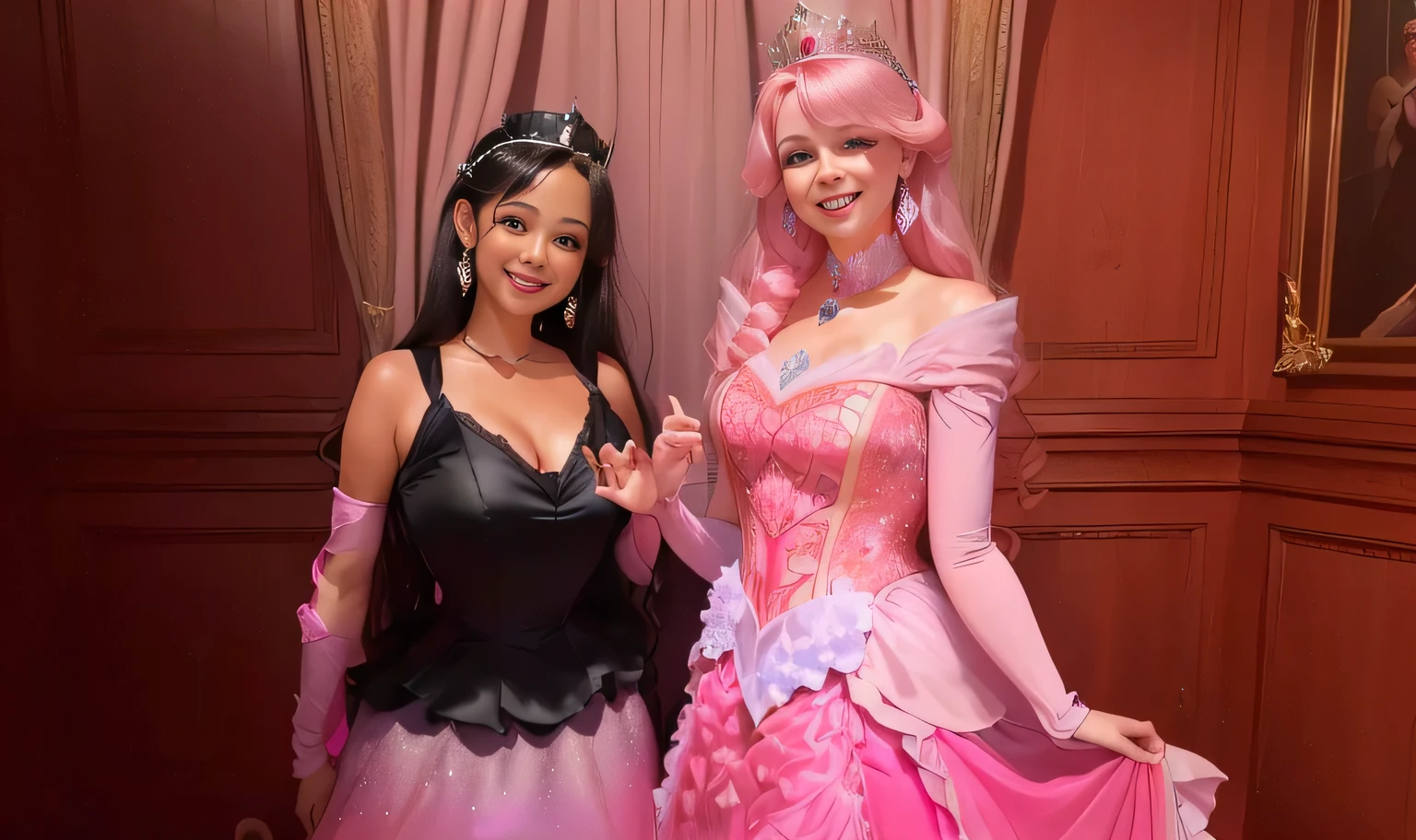 there are two women dressed up in princess costumes posing for a picture, wearing a pink ballroom gown, disney artist, wax figure, disney 8 k photo, princess in foreground, usa-sep 20, disney princess, photo taken in 2 0 2 0, smiling as a queen of fairies, disney character, dressed in a pink dress, disney photo realistic