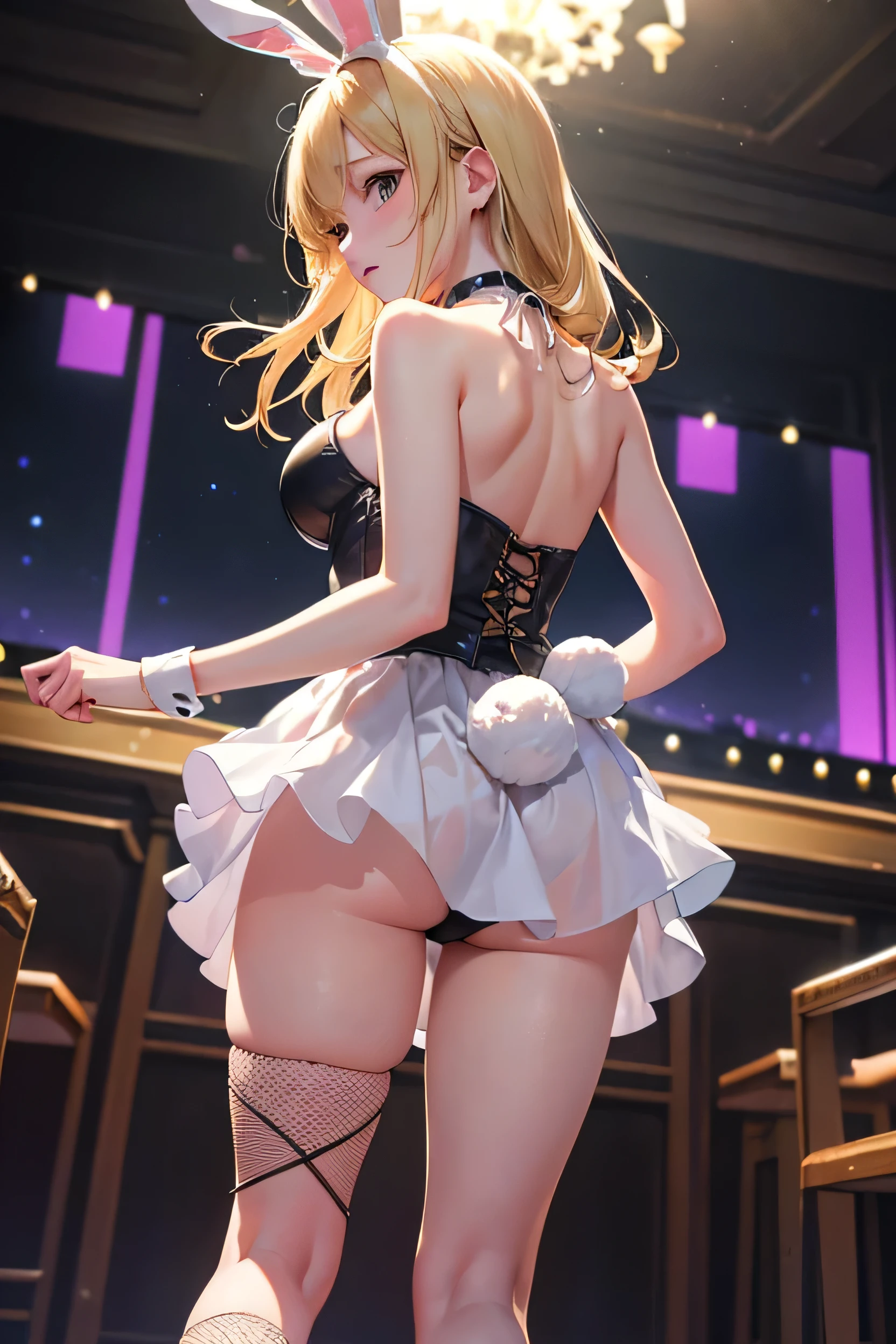 (Photorealistic:1.8, highest quality:1.8,8K masterpiece:1.8,High resolution,Mastepiece:1.8,RAW Photos,Cinematic lighting),No split screen、Brilliant lights、dance hall、（Dancing Bunny Girl）、Zooming in on parts、Back view、Angle from below、 (Real skin texture:1.3)、(Shortcuts、Blonde Hair)、Woman's Costume（choker、Bunny Girl Suit、Knee-high fishnet socks、Rabbit&#39;s Tail）、Crotch close-up、((Perfect female body))、 Esbian all over、(Random Sexy Poses:1.3、thrust one&#39;s hips upward、Stick your hips out to the camera:2.3)、cameltoe、(Beautiful expression、Beautiful Face、Beautiful Eyes、A rich expression、smile)、 (Immersive atmosphere、Chiaroscuro:1.5、Bright light:1.2、Bright lighting)、Realistic:1.3、Long Shot、The woman is naked、woman is nude、Adult video shoot