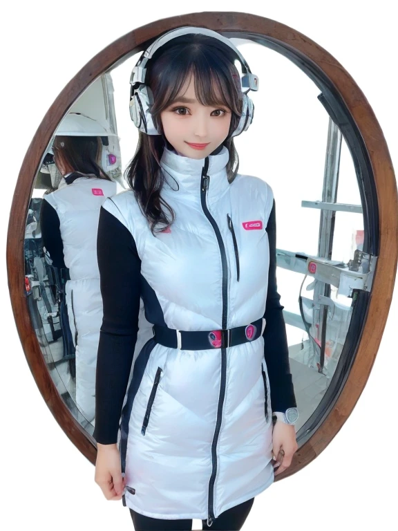 masterpiece, highest quality, Very detailed, 8K Portrait,Japanese Android Girl,plump , Control panel,Robotic arms and legs, Blunt bangs,,break (Metallic Gray, Metallic luster, Mirror finish, Astro Best):5,headphone:5,break (Black sleeves):100,Smart Watches,Futuristic space station,Control Room,break headphone,blue eyes,(Black Hair):2,(Long Hair):1.3,View the viewer,(respirator),break blush:3,Hidden Hand,smile