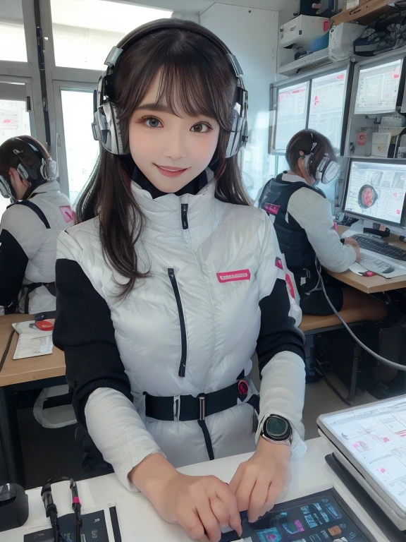 masterpiece, highest quality, Very detailed, 8K Portrait,Japanese Android Girl,plump , Control panel,Robotic arms and legs, Blunt bangs,,break (Metallic Gray, Metallic luster, Mirror finish, Astro Best):5,headphone:5,break (Black sleeves):100,Smart Watches,Futuristic space station,Control Room,break headphone,blue eyes,(Black Hair):2,(Long Hair):1.3,View the viewer,(respirator),break blush:3,Hidden Hand,smile