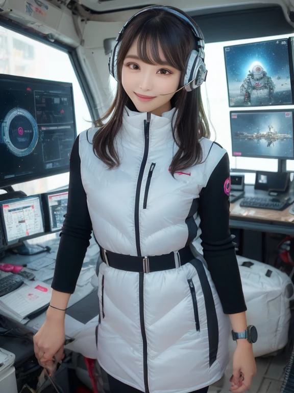 masterpiece, highest quality, Very detailed, 8K Portrait,Japanese Android Girl,plump , Control panel,Robotic arms and legs, Blunt bangs,,break (Metallic Gray, Metallic luster, Mirror finish, Astro Best):5,headphone:5,break (Black sleeves):100,Smart Watches,Futuristic space station,Control Room,break headphone,blue eyes,(Black Hair):2,(Long Hair):1.3,View the viewer,(respirator),break blush:3,Hidden Hand,smile