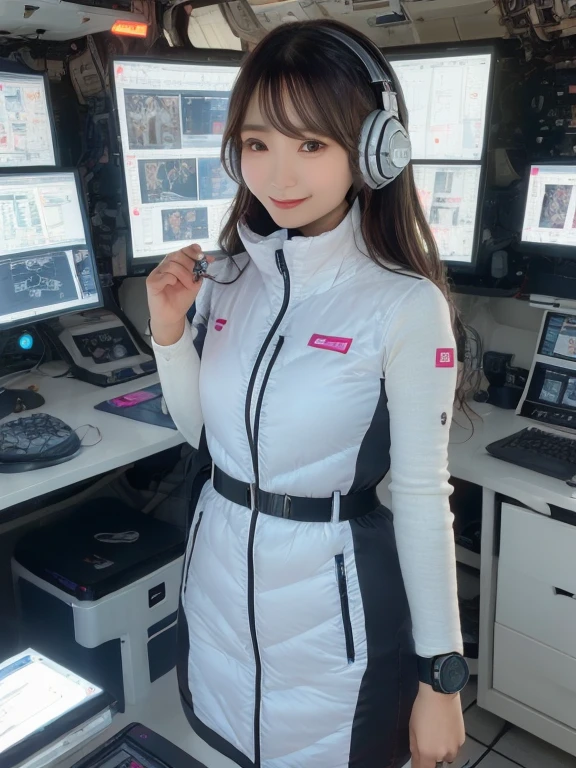 masterpiece, highest quality, Very detailed, 8K Portrait,Japanese Android Girl,plump , Control panel,Robotic arms and legs, Blunt bangs,,break (Metallic Gray, Metallic luster, Mirror finish, Astro Best):5,headphone:5,break (Black sleeves):100,Smart Watches,Futuristic space station,Control Room,break headphone,blue eyes,(Black Hair):2,(Long Hair):1.3,View the viewer,(respirator),break blush:3,Hidden Hand,smile