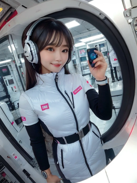 masterpiece, highest quality, Very detailed, 8K Portrait,Japanese Android Girl,plump , Control panel,Robotic arms and legs, Blunt bangs,,break (Metallic Gray, Metallic luster, Mirror finish, Astro Best):5,headphone:5,break (Black sleeves):100,Smart Watches,Futuristic space station,Control Room,break headphone,blue eyes,(Black Hair):2,(Long Hair):1.3,View the viewer,(respirator),break blush:3,Hidden Hand,smile