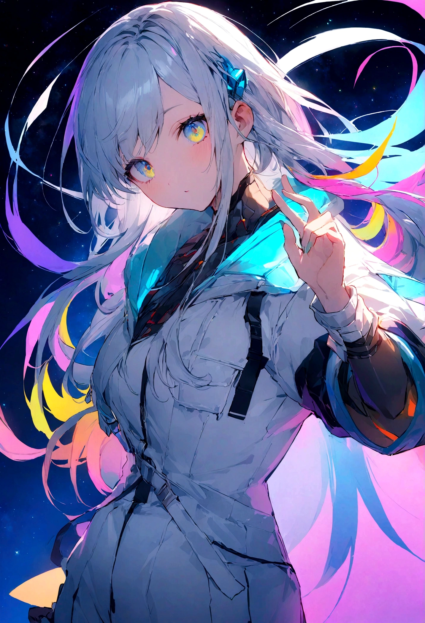 Small A ,Gray Hair,Cyan hair dye,Long Gray Hair,Shining cyan eyes,Mechanish Tia Lauren,In his left hand he held a large white sword,Esbian all over,See the stars,Chosen Ji,Cyberpunk characters,Futuristic,Neon Light,Film composition,paint drips,Wonderful,Complex Details,Best Masterpiece Award,Best image quality,8K resolution,pc wallpaper,Colorful starry sky background