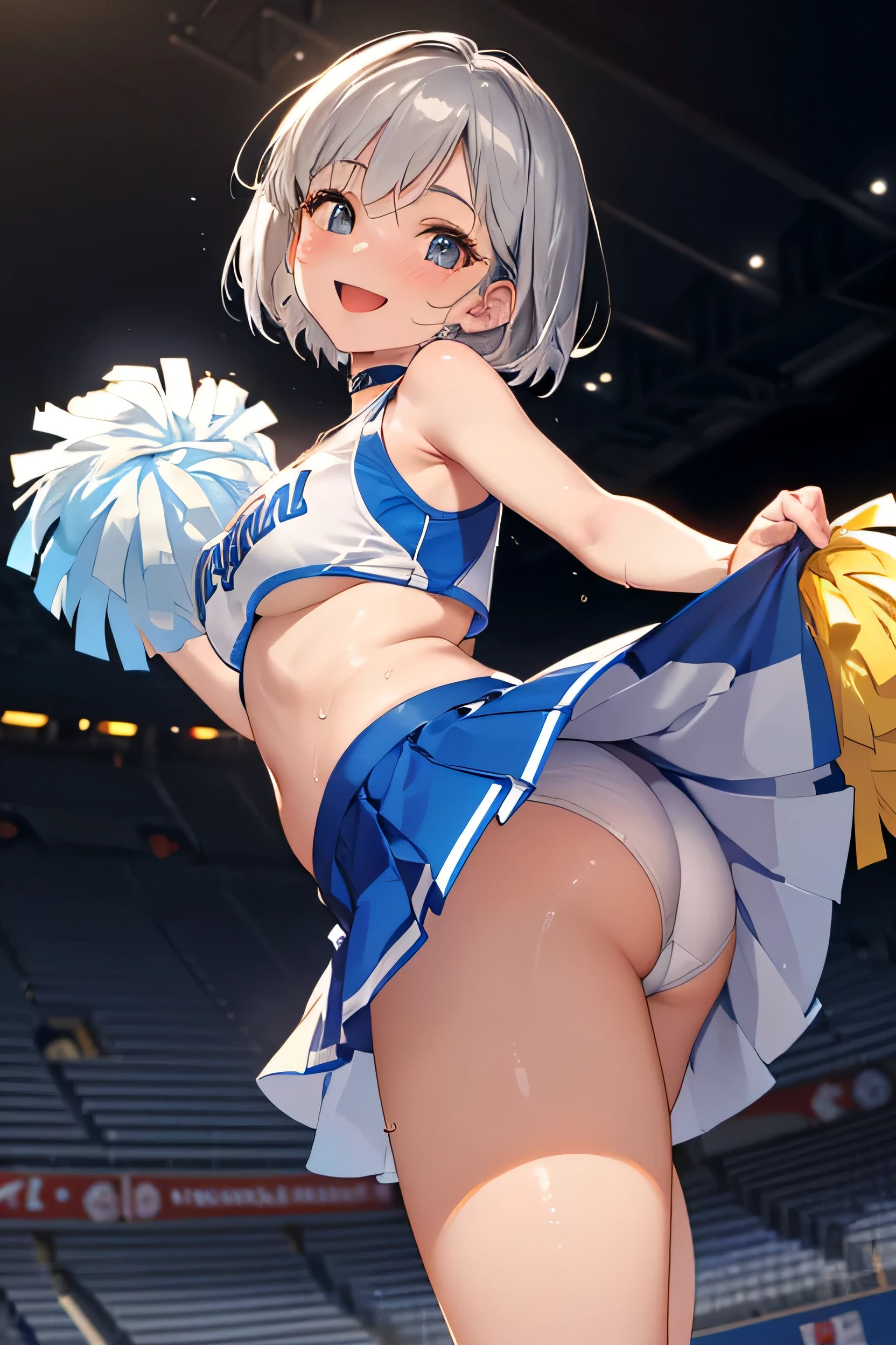 (Photorealistic:1.8, highest quality:1.8,8K masterpiece:1.8,High resolution,Mastepiece:1.8,RAW Photos,Cinematic lighting),No split screen、Stadium、Miniskirt Cheerleader、cameltoe、Back view、Angle from below、Buttocks up、
(Real skin texture:1.3)、(Short silver hair)、Woman's Costume（choker）、Crotch close-up、Spread the genitals、((Perfect female body))、
(Beautiful expression、A rich expression、Open your mouth and cheer、A big smile:1.4)、Dripping Sweat、
Beautiful Face、Beautiful Eyes、Esbian all over、(Random Sexy Poses:1.3、thrust one&#39;s hips upward、Stick your hips out to the camera:2.3)、cameltoe、(Immersive atmosphere、Chiaroscuro:1.5、Bright light:1.2、Bright lighting)、Realistic:1.3、Long Shot、The woman is naked、woman is nude、Adult video shoot