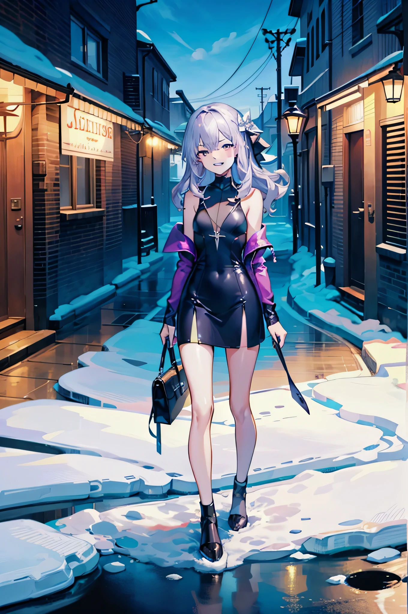 (masterpiece, highest quality, highest quality, official art, beautiful and aesthetic:1.2), (1 girl:1.3), wavy long hair, light purple hair, very detailed, portrait, looking at the viewer, alone, (whole body:0.6), detailed background, close, shining eyes, (cold arctic winter theme:1.1), fortune teller, Charlatan, grin, Mysterious, ((Are standing)), colorful shoulderless loose gypsy fortune teller clothes,      holy grail,  ((full body)),mini skirt dress,