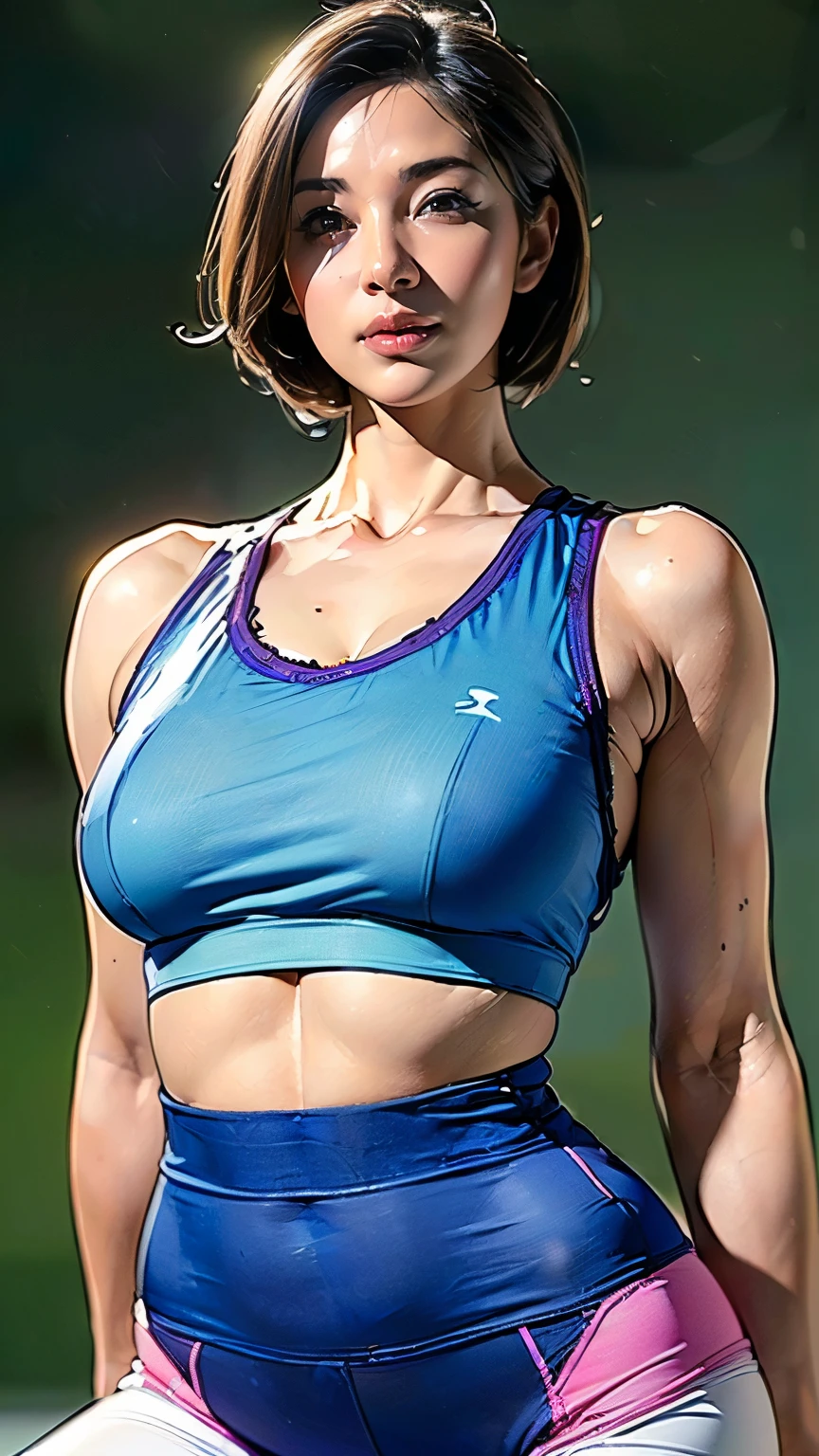 (One Woman),(A woman is standing),(Mature Woman:1.5),(((Brightly colored training clothes clinging to the body:1.5))),(Sky blue leggings:1.5),((Mons pubis:1.5)),(Sky blue tiny sports bra:1.5),(short hair:1.5),(front:1.5),(Beautiful Eyes:1.3),(Sexy Face:1.5),(Sexy pose:1.5),(Very detailedな顔:1.5),((Very detailedな手の描画:1.5)),(Big Breasts:1.5),((Muscular:1.5)),(Sexy look:1.5),((Thick thighs:1.5)),(Well-built:1.5),(Beautiful body:1.5),(((Very sensual:1.5))),(Background is a fitness gym:1.5),(((Blur the background:1.5))),(Gentle light:1.5),(Written boundary depth:1.5),BREAK(((masterpiece:1.5),(highest quality:1.5),(Very detailed:1.5),(High resolution:1.5),(Realistic:1.5),(Realistic:1.5),(Delicate drawing))),8k,wallpaper