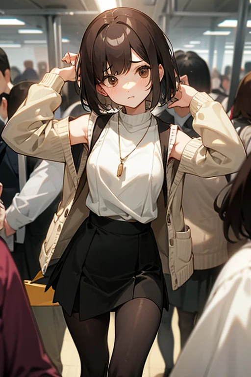 Brown short bob、Female students、Sleeveless white sweater、Wear a cardigan、Flared sleeves、Tight Skirt、Black Stockings、necklace、Extremely crowded train、There are a lot of people crowded together、Disheveled clothes、