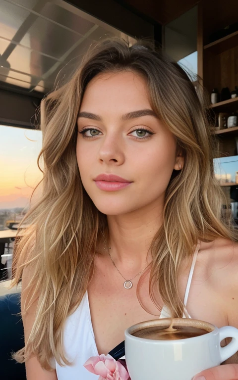 belle blonde portant un pull rose (sipping coffee in a modern cafe at sunset), very detailed, 21 ans, Visage innocent, natural wavy hair, yeux bleus, high resolution, chef-d'artwork, Best quality, Intricate details, very detailed, Sharpness, detailed skin, Realistic skin texture, texture, detailed eyes, professionnel, 4k, Sourire charmant, shot with Canon, 85mm, faible profondeur de champ, Kodak Vision Couleur, corps parfaitement ajusté, Extremely detailed, Photo_\(ultra\), photoRealistic, Realistic, Post-traitement, maximum detail, roughness, vrai vie, ultra Realistic, photorealism, la photographie, 8K UHD, la photographie