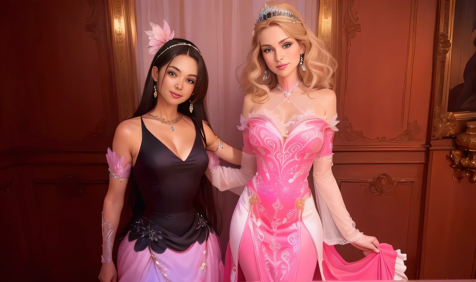 tthere are two women dressed in princess costumes posing for a photo, wearing a pink ball gown, Disney artist, ,Disney 8k photo, princess in foreground, USA-September 16, Disney princess, photo taken in 2016, smiling like a fairy queen, Disney character, dressed in a pink dress, realistic Disney photo.

A beautiful woman, with white skin and dark brown hair. She is about 45 years old, 165 cm tall and weighs 56 kg. She had modeled legs, perfect legs, toned legs, perfect mouth, medium breasts, perfect face. Her body exudes glamor and her face is a definition of beauty. Slender body, thin waist. Highly realistic, hyperrealism, very elaborate skin. Clear photo, high resolution, high quality, masterpiece, 16K photo, high contrast, masterpiece, NUDE, NUDITY, NFSW.