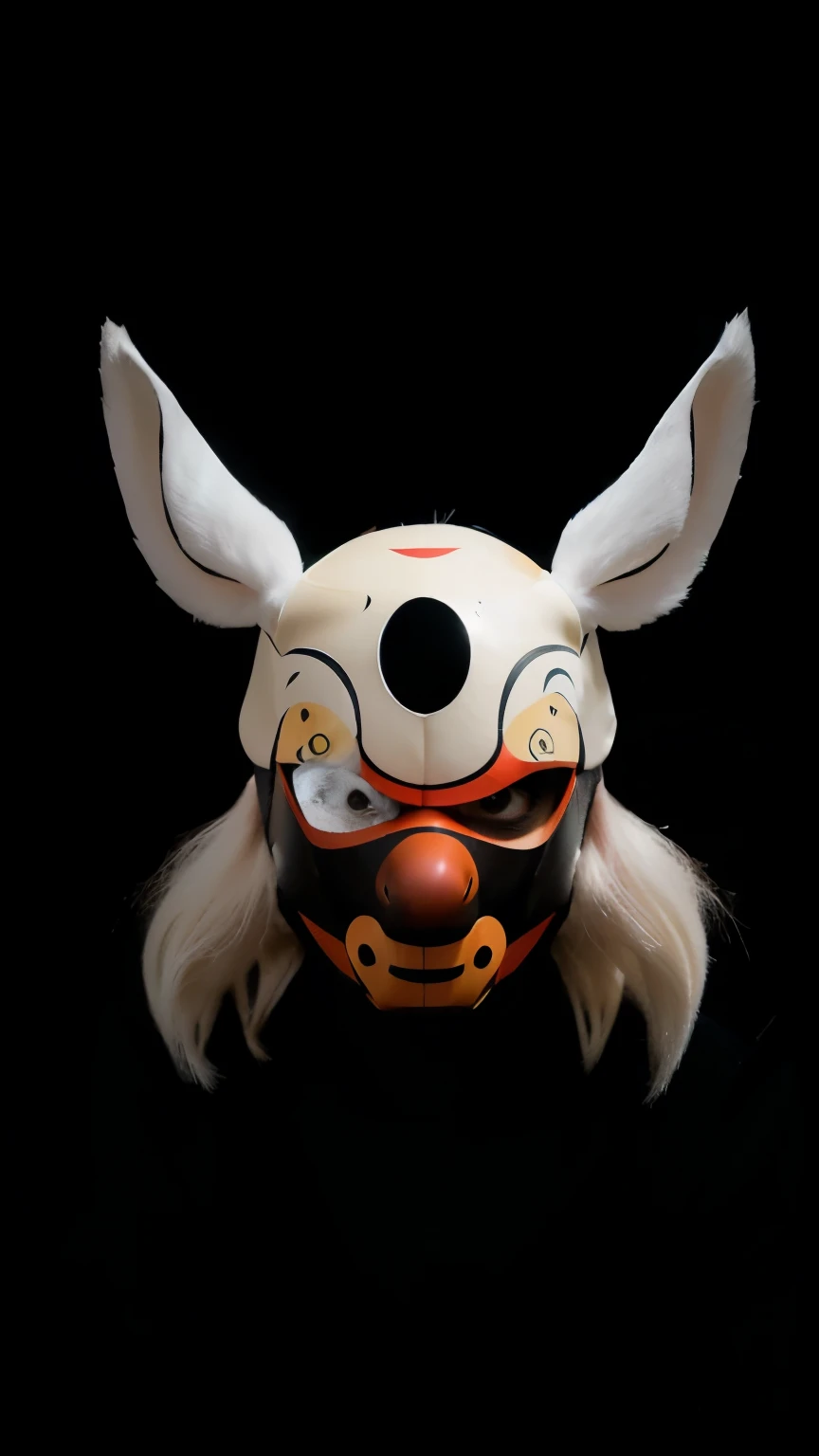 A closeup of a cartoon animal mask with a red nose, kitsune mask on head, kitsune mask, tengu mask, kabuto, kabuki mask, face of mad pulcinella, oni mask, rayman rabbids delirantes, de sam y max, anthropomorphic warrior piglet, wearing a kitsune mask, Avispón de Hollow Knight