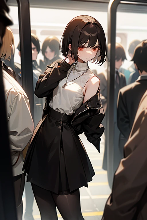 Brown short bob、Sleeveless white sweater、wearing a black jacket、Flared sleeves、Tight Skirt、Black Stockings、necklace、Extremely crowded train、There are a lot of people crowded together、Disheveled clothes、Your cheeks are red、slender、Curved waist、slender、Beautiful clavicle、There are a lot of people and they are close to each other、