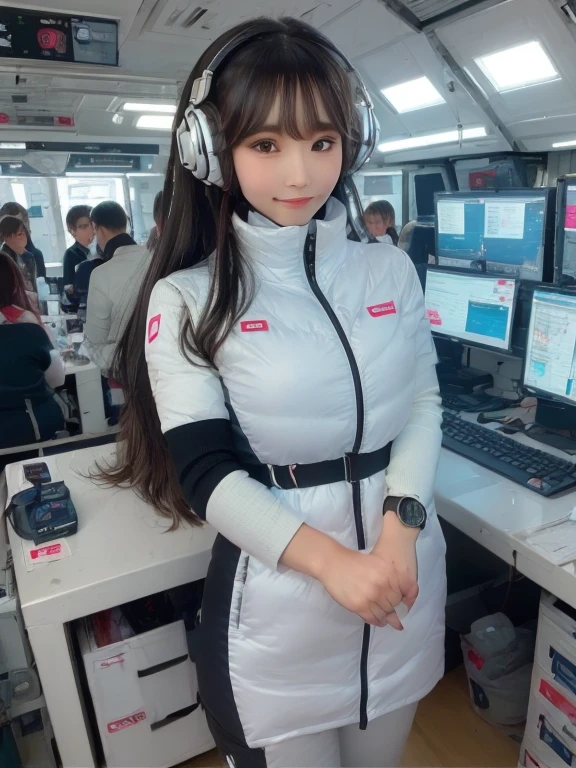 masterpiece, highest quality, Very detailed, 8K Portrait,Japanese Android Girl,plump , Control panel,Robotic arms and legs, Blunt bangs,,break (Metallic Gray, Metallic luster, Mirror finish, Astro Best):5,headphone:5,break (Black sleeves):100,Smart Watches,Futuristic space station,Control Room,break headphone,blue eyes,(Black Hair):2,(Long Hair):1.3,View the viewer,(respirator),break blush:3,Hidden Hand,smile