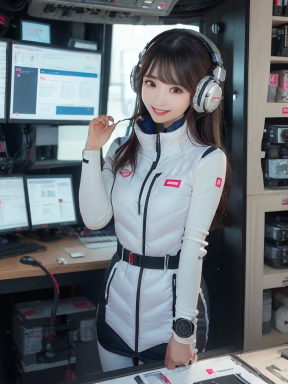 masterpiece, highest quality, Very detailed, 8K Portrait,Japanese Android Girl,plump , Control panel,Robotic arms and legs, Blunt bangs,,break (Metallic Gray, Metallic luster, Mirror finish, Astro Best):5,headphone:5,break (Black sleeves):100,Smart Watches,Futuristic space station,Control Room,break headphone,blue eyes,(Black Hair):2,(Long Hair):1.3,View the viewer,(respirator),break blush:3,Hidden Hand,smile