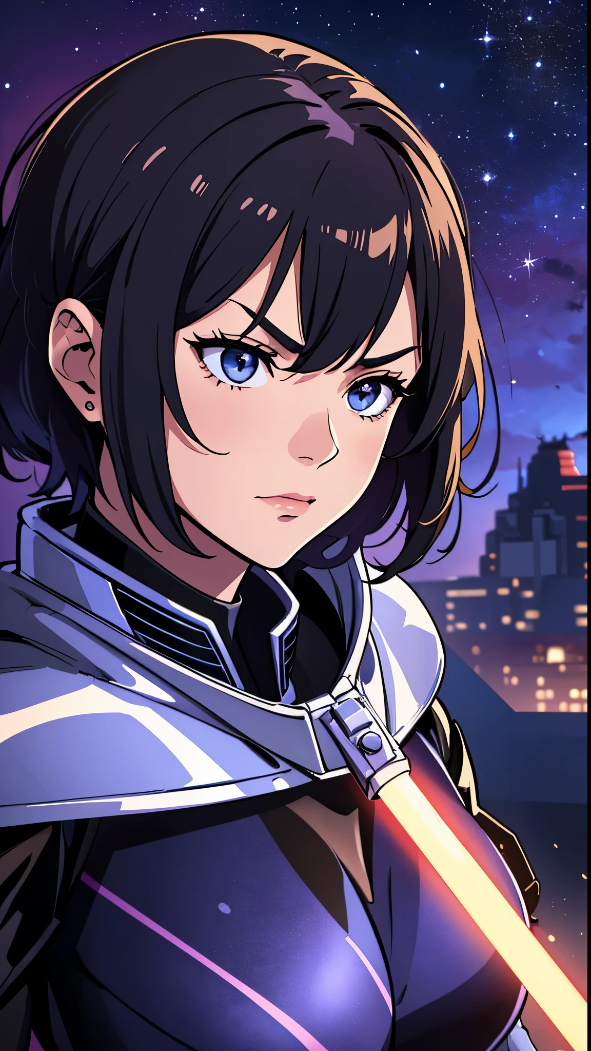 A high-definition scene from a movie featuring a Star Wars heroine、Standing boldly against the towering Star Destroyer backdrop。The heroine, clad in distinctive armor,、He is holding his lightsaber tightly with a determined expression.。Sleek matte black armor、Glowing under the soft ambient glow from the Star Destroyer、It casts long, dramatic shadows across the scene.。Her facial features are sharp and angular.、It's a testament to her strength and resilience.。Determination and resolve flickered in her eyes.、It reflects the grit and determination that defines her character.。Short and practical hair、Swept away、I'm edging her