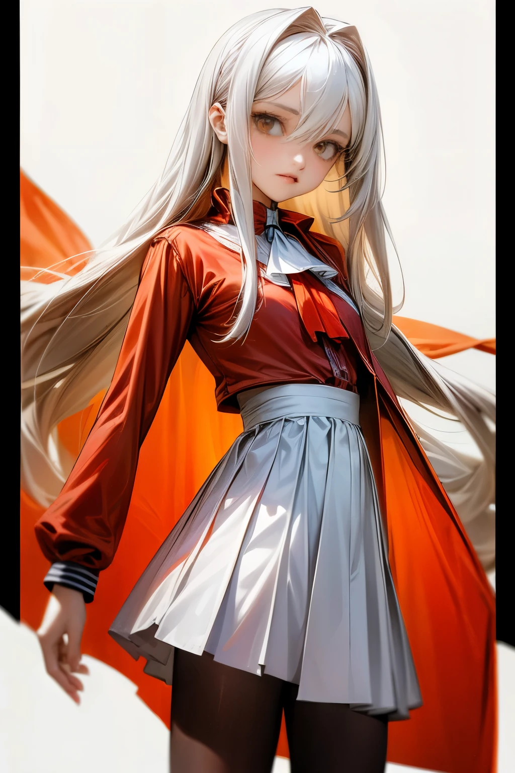 1girl, masterpiece, best quality, highquality, OLGA_MARIE, WHITE_HAIR, ORANGE_EYES, LONG HAIR, hair between eyes, long sleeves, jacket, red ascot, dress, skirt, pantyhose, very long hair, cowboy shot, 