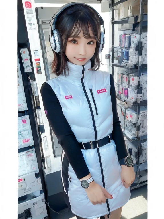 masterpiece, highest quality, Very detailed, 8K Portrait,Japanese Android Girl,plump , Control panel,Robotic arms and legs, Blunt bangs,,break (Metallic Gray, Metallic luster, Mirror finish, Astro Best):5,headphone:5,break (Black sleeves):100,Smart Watches,Futuristic space station,Control Room,break headphone,blue eyes,(Black Hair):2,(Long Hair):1.3,View the viewer,(respirator),break blush:3,Hidden Hand,smile