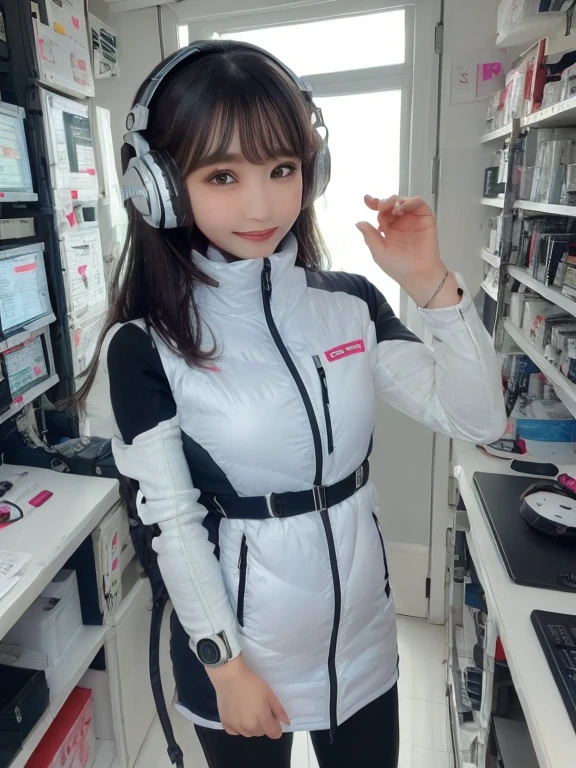 masterpiece, highest quality, Very detailed, 8K Portrait,Japanese Android Girl,plump , Control panel,Robotic arms and legs, Blunt bangs,,break (Metallic Gray, Metallic luster, Mirror finish, Astro Best):5,headphone:5,break (Black sleeves):100,Smart Watches,Futuristic space station,Control Room,break headphone,blue eyes,(Black Hair):2,(Long Hair):1.3,View the viewer,(respirator),break blush:3,Hidden Hand,smile