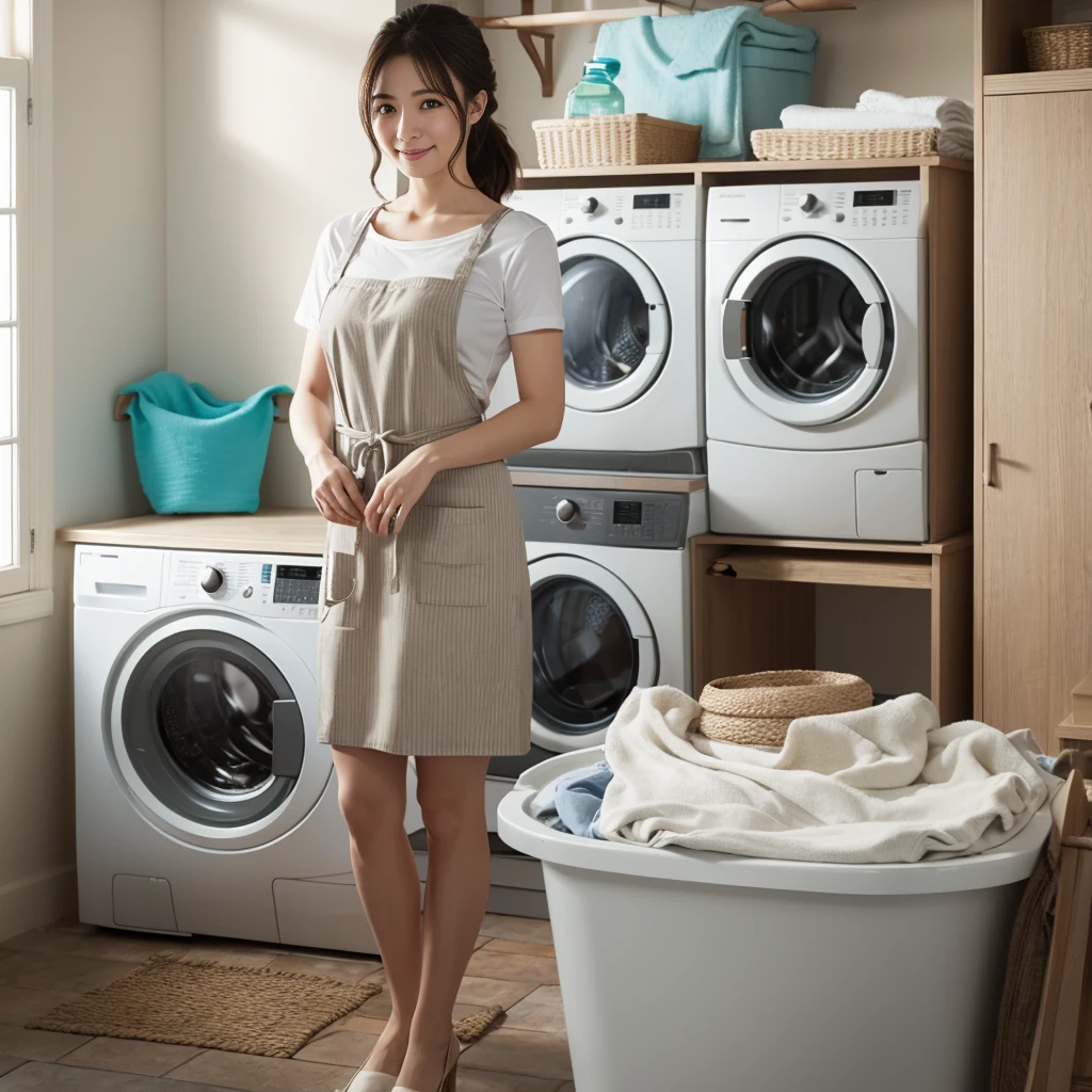 Photorealistic、8k、Old broken washing machine、Laundry Room、Beautiful woman、apron、