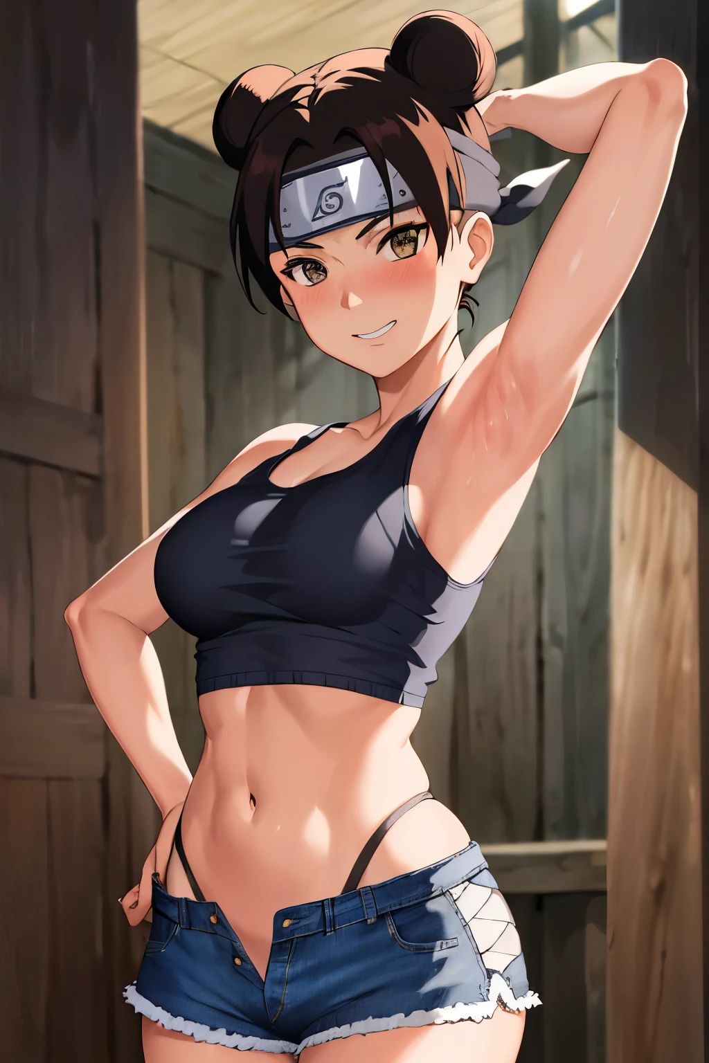 masterpiece, absurdres , (intricate details), (colorful),cinematic lighting,bust shot,extremely detailed CG unity 8k wallpaper,tenten\(shippuden\), 1girl, solo, ((tank top, denim shorts)), (large breasts), hand on hip, forehead protector, konohagakure symbol, headband,  looking at viewer, (village street), charming smile, ((slim waist)), ((blushing)), armpit, full body