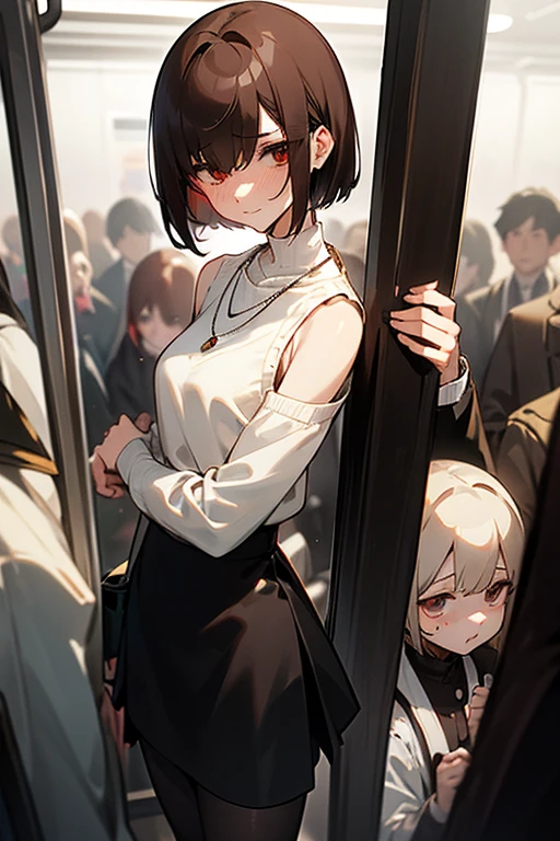 Brown short bob、Sleeveless white sweater、wearing a black jacket、Flared sleeves、Tight Skirt、Black Stockings、necklace、Extremely crowded train、There are a lot of people crowded together、Disheveled clothes、Your cheeks are red、slender、Curved waist、slender、Beautiful clavicle、There are a lot of people and they are close to each other、