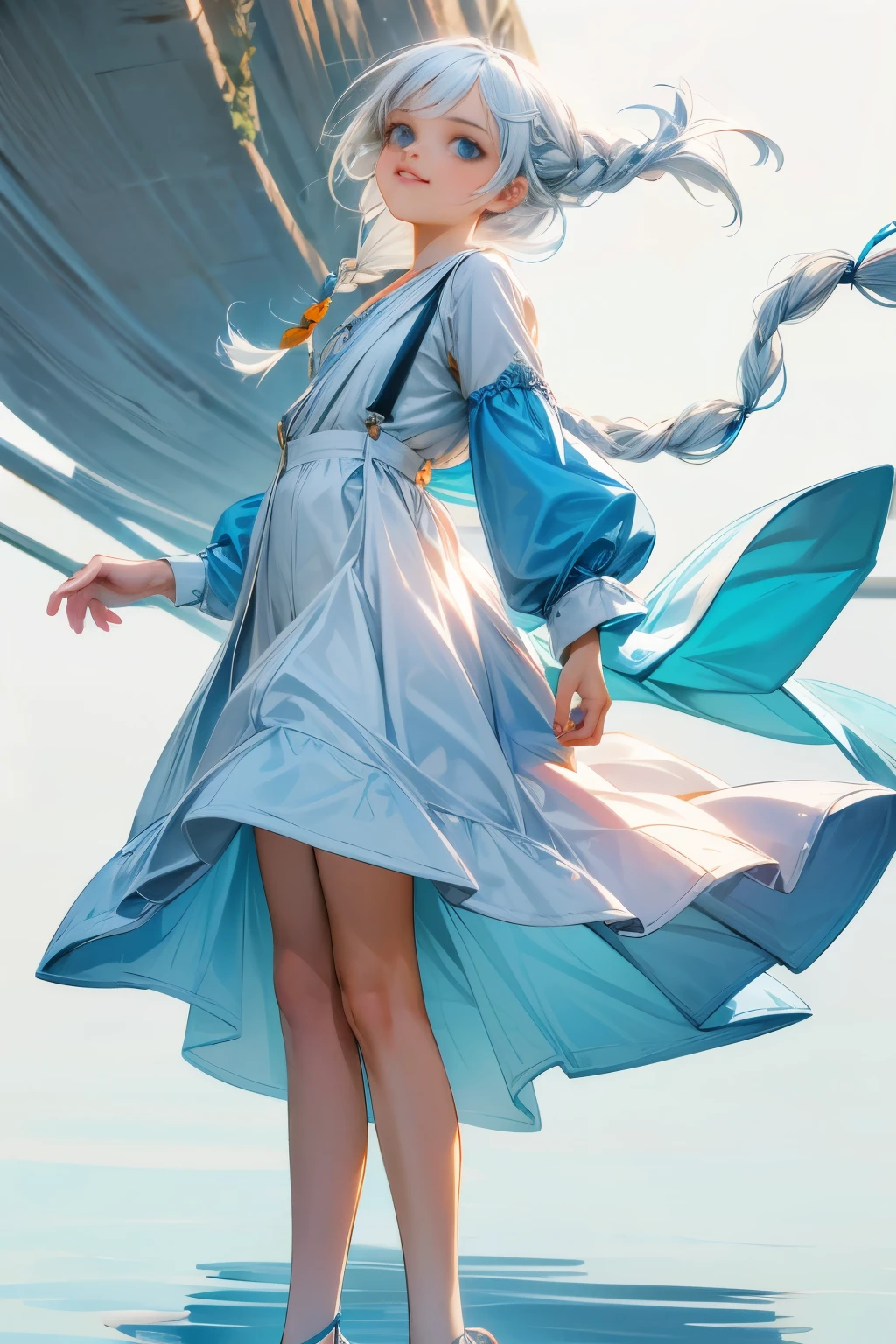 1girl, orange sleeves, white hair, white skin, light blue hair ornament, blue suspenders, blue clothes, light blue eyes, bare feet, double braids