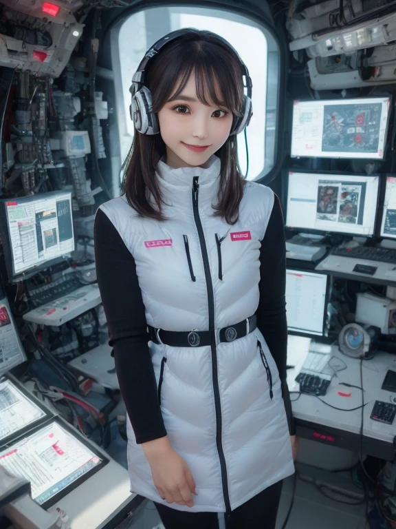 masterpiece, highest quality, Very detailed, 8K Portrait,Japanese Android Girl,plump , Control panel,Robotic arms and legs, Blunt bangs,,break (Metallic Gray, Metallic luster, Mirror finish, Astro Best):5,headphone:5,break (Black sleeves):100,Smart Watches,Futuristic space station,Control Room,break headphone,blue eyes,(Black Hair):2,(Long Hair):1.3,View the viewer,(respirator),break blush:3,Hidden Hand,smile