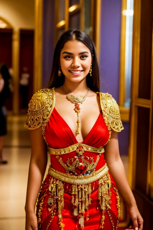 Beautiful realistic Costa Rican girl with beautiful detailed body dressed in gala clothes in a museum and a sexy smile