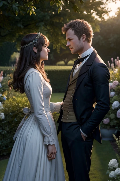 Dakota Johnson y Jamie dorman, of the British regency in a garden at dusk looking into each other's eyes