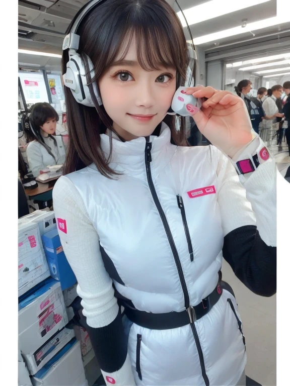 masterpiece, highest quality, Very detailed, 8K Portrait,Japanese Android Girl,plump , Control panel,Robotic arms and legs, Blunt bangs,,break (Metallic Gray, Metallic luster, Mirror finish, Astro Best):5,headphone:5,break (Black sleeves):100,Smart Watches,Futuristic space station,Control Room,break headphone,blue eyes,(Black Hair):2,(Long Hair):1.3,View the viewer,(respirator),break blush:3,Hidden Hand,smile