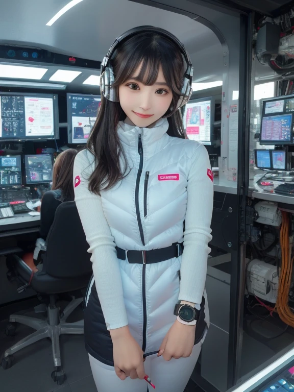 masterpiece, highest quality, Very detailed, 8K Portrait,Japanese Android Girl,plump , Control panel,Robotic arms and legs, Blunt bangs,,break (Metallic Gray, Metallic luster, Mirror finish, Astro Best):5,headphone:5,break (Black sleeves):100,Smart Watches,Futuristic space station,Control Room,break headphone,blue eyes,(Black Hair):2,(Long Hair):1.3,View the viewer,(respirator),break blush:3,Hidden Hand,smile