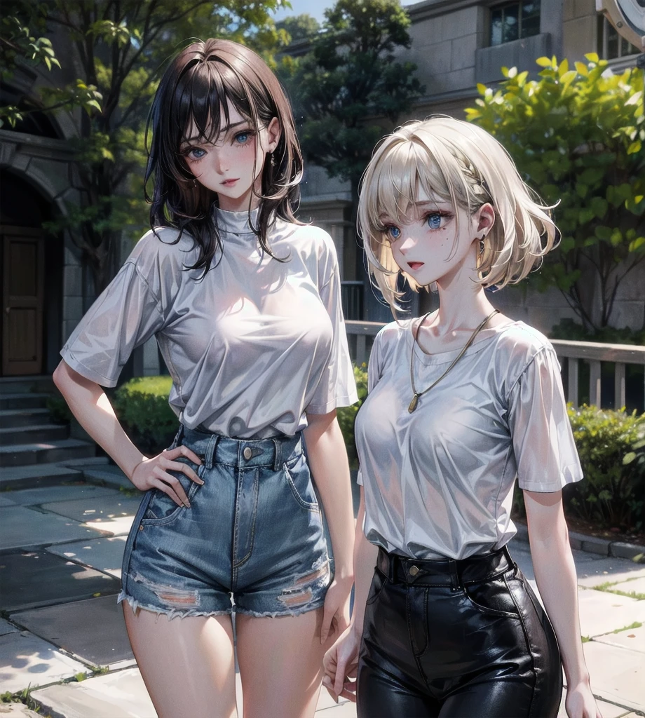 absurdres, RAW photo, extremely delicate and beautiful, masterpiece, Best Quality, ultra high resolution, 32k, hyperrealistic, ultra-detailed, detailed description, perfect anatomy, pale skin, 20 years old, detailed beautiful face and eyes, tearful mole, earring, short medium hair, wavy hair, whole body shot, big tits, yuri, ((2 girls)), plain white shirt,denim shorts, outdoor,