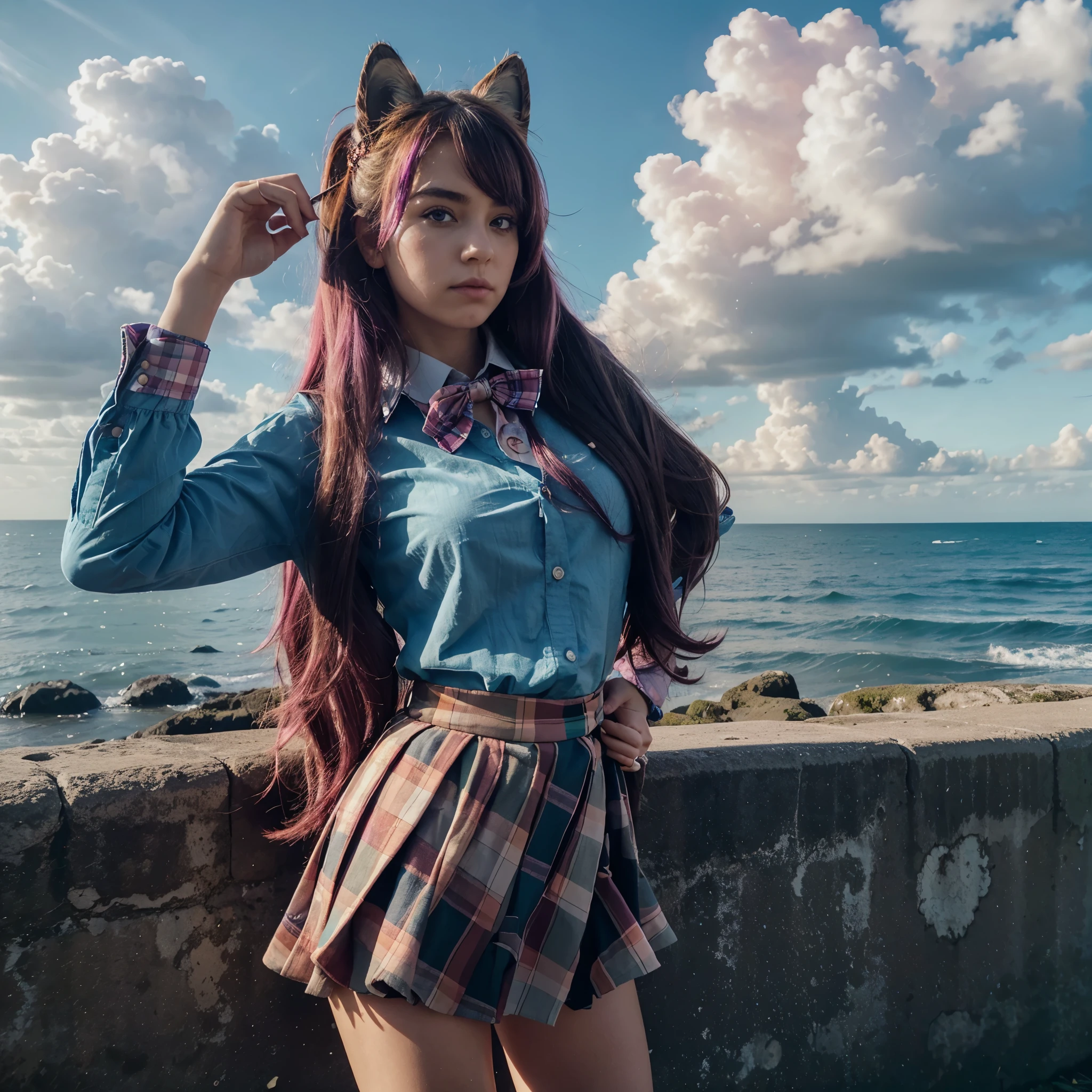 (1girl, koko), (guitar solo), bubble skirt, aqua shirt, bow, bowtie, buttons, collared shirt, expressionless, eyebrows hidden by hair, fox mask, cowboy shot, long hair, long sleeves, mask, multicolored buttons, pink eyes, pink hair, orange skirt, plaid, plaid shirt, purple bow, purple bowtie, shirt, skirt, solo, very long hair, sea, ocean, beach, cloudy, sunrays, dusk, moon, cloud, sky, outdoors, cloudy sky, leaf, ruins, sunbeam, post-apocalypse, side view