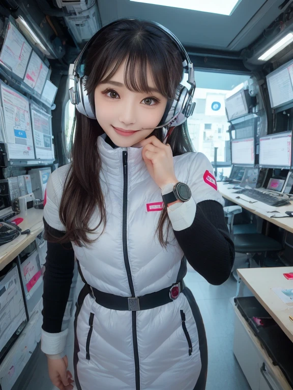 masterpiece, highest quality, Very detailed, 8K Portrait,Japanese Android Girl,plump , Control panel,Robotic arms and legs, Blunt bangs,,break (Metallic Gray, Metallic luster, Mirror finish, Astro Best):5,headphone:5,break (Black sleeves):100,Smart Watches,Futuristic space station,Control Room,break headphone,blue eyes,(Black Hair):2,(Long Hair):1.3,View the viewer,(respirator),break blush:3,Hidden Hand,smile