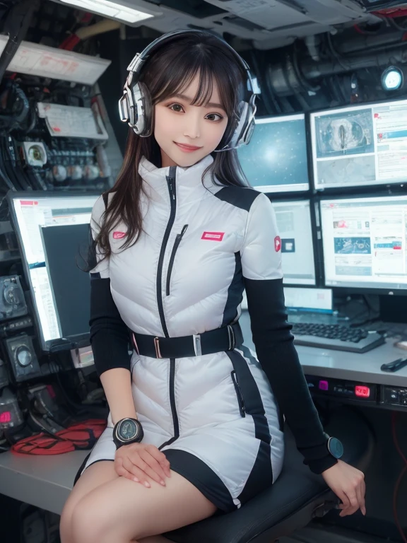 masterpiece, highest quality, Very detailed, 8K Portrait,Japanese Android Girl,plump , Control panel,Robotic arms and legs, Blunt bangs,,break (Metallic Gray, Metallic luster, Mirror finish, Astro Best):5,headphone:5,break (Black sleeves):100,Smart Watches,Futuristic space station,Control Room,break headphone,blue eyes,(Black Hair):2,(Long Hair):1.3,View the viewer,(respirator),break blush:3,Hidden Hand,smile