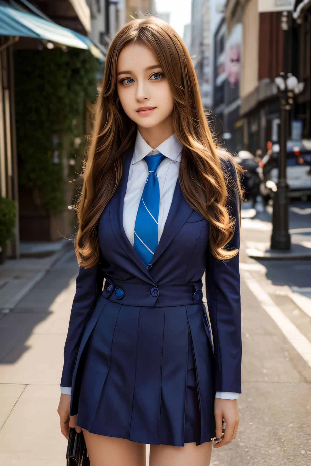 Anime girl standing on city street with long hair and blue eyes, trending in ArtStation Pixiv, purple eyes, blue tie, beautiful (detailed eyes, detailed face,) Ahegao, euladef, noble temperament, high heels, no watermark