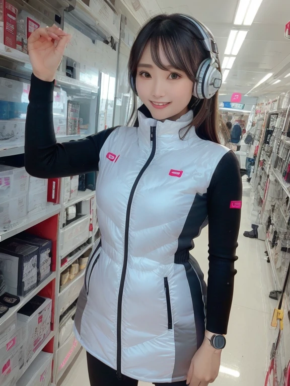 masterpiece, highest quality, Very detailed, 8K Portrait,Japanese Android Girl,plump , Control panel,Robotic arms and legs, Blunt bangs,,break (Metallic Gray, Metallic luster, Mirror finish, Astro Best):5,headphone:5,break (Black sleeves):100,Smart Watches,Futuristic space station,Control Room,break headphone,blue eyes,(Black Hair):2,(Long Hair):1.3,View the viewer,(respirator),break blush:3,Hidden Hand,smile