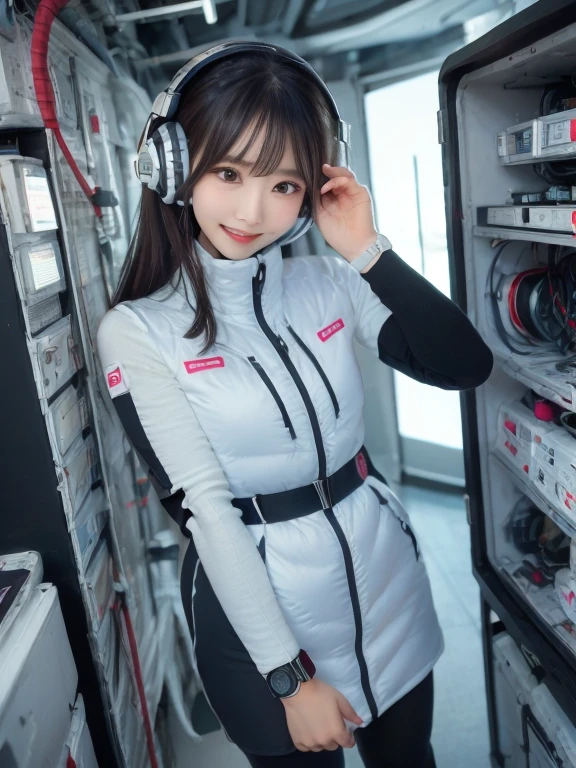 masterpiece, highest quality, Very detailed, 8K Portrait,Japanese Android Girl,plump , Control panel,Robotic arms and legs, Blunt bangs,,break (Metallic Gray, Metallic luster, Mirror finish, Astro Best):5,headphone:5,break (Black sleeves):100,Smart Watches,Futuristic space station,Control Room,break headphone,blue eyes,(Black Hair):2,(Long Hair):1.3,View the viewer,(respirator),break blush:3,Hidden Hand,smile