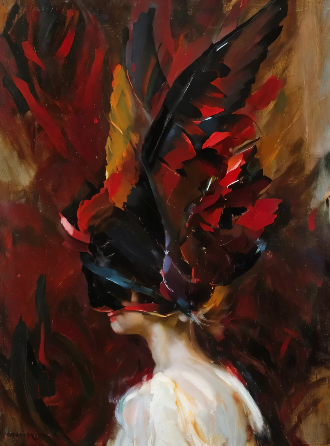 girl with bird oil painting abstract, blacks and reds, side profile, masterpiece, romantism