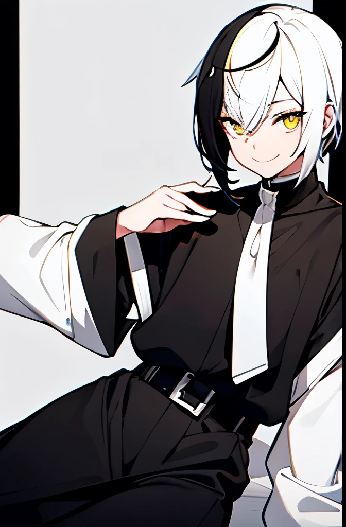 androgynous person,(((1 person))),Yellow Eyes,smile,(((Black and white two-tone hair color)))