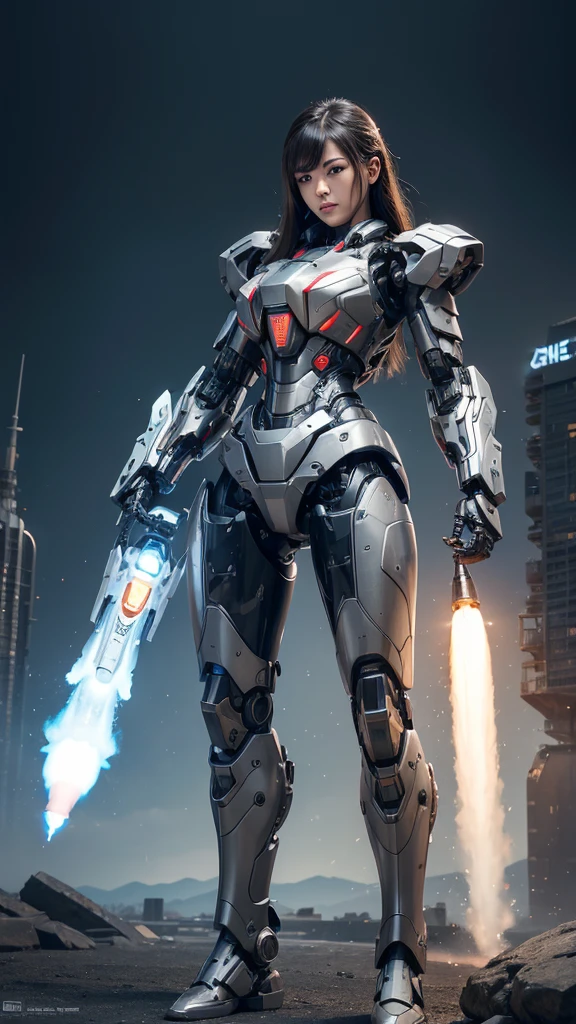 Textured skin, Super Detail, high details, High quality, Best Quality, hight resolution, 1080p, hard disk, beautiful,(War Machine),(Rocket Missile),Beautiful Cyborg Woman,Mecha Cyborg Girl,Battle Mode,Girl with a mecha body,A powerful cyborg woman, sleek and futuristic, with advanced mechanical augmentations that enhance her strength and capabilities.