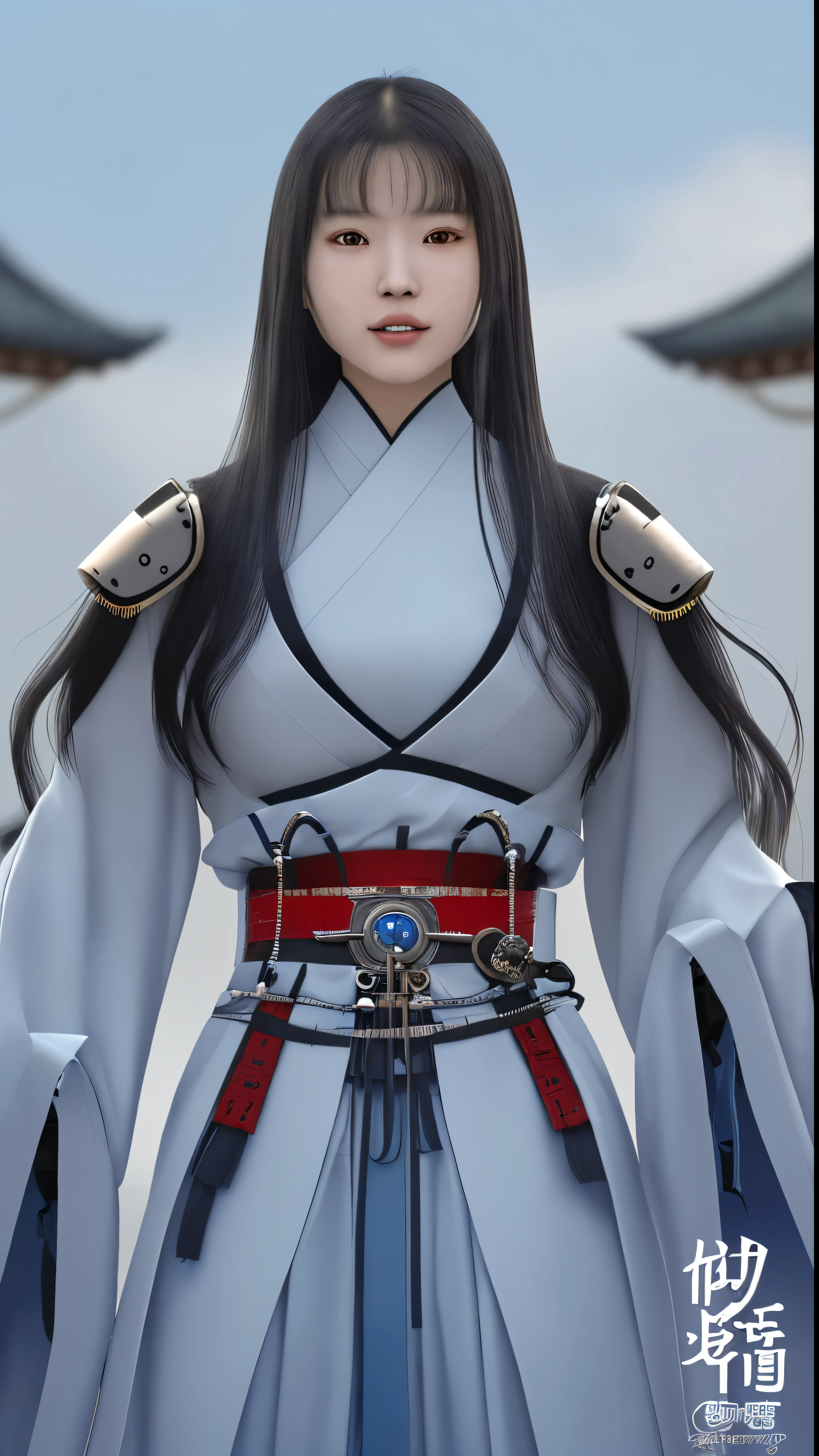 Noble Samurai(highest quality)teeth、Set in a complex oriental setting, combining ancient architecture with futuristic elements、It symbolizes the fusion of science fiction tradition and technology.。Holding a sword in one hand、He has a mechanical arm in place of his missing limb.、Demonstrating the progress of cybernetics。His samurai armor teeth、Reinforced with advanced materials、Preserving the elegance and tradition of Oriental samurai culture。 A young woman dressed in contemporary techwear、standing next to him。18 year old girlfriend teeth、Exudes maturity and strength、Long wavy hair hanging down over her shoulders。She looks determined