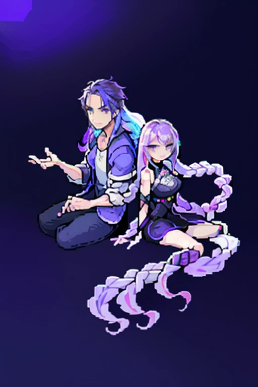 (masterpiece, top quality, best quality), pixel,pixel art,(1 boy and 1 girl:1.2), full body, A man and a woman sitting on different sides of a stair, Two people (girl with Purple White Gradient Long Hair, Indifferent, Kind:1.5) (boy wearing blue jacket), girl cryptic girl maiden
