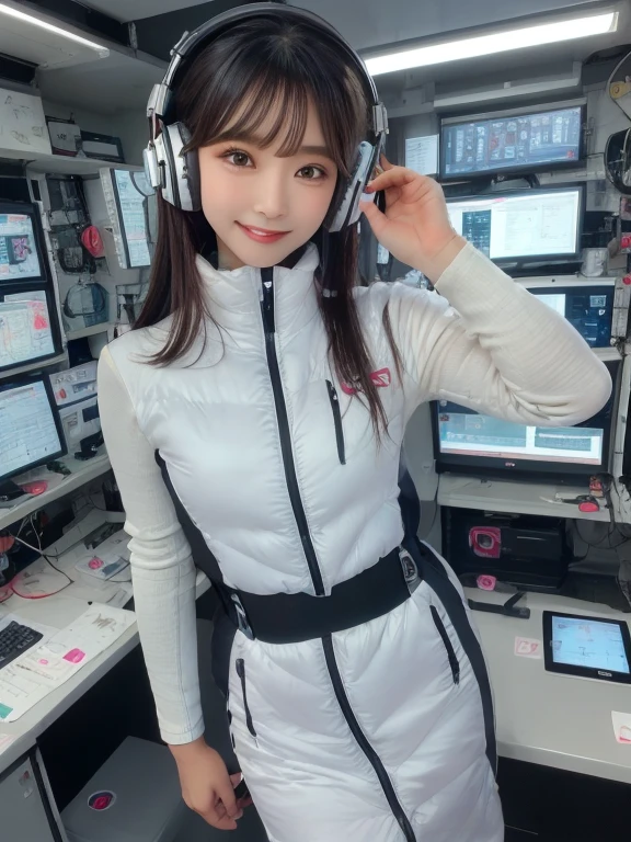 masterpiece, highest quality, Very detailed, 8K Portrait,Japanese Android Girl,plump , Control panel,Robotic arms and legs, Blunt bangs,,break (Metallic Gray, Metallic luster, Mirror finish, Astro Best):5,headphone:5,break (Black sleeves):100,Smart Watches,Futuristic space station,Control Room,break headphone,blue eyes,(Black Hair):2,(Long Hair):1.3,View the viewer,(respirator),break blush:3,Hidden Hand,smile