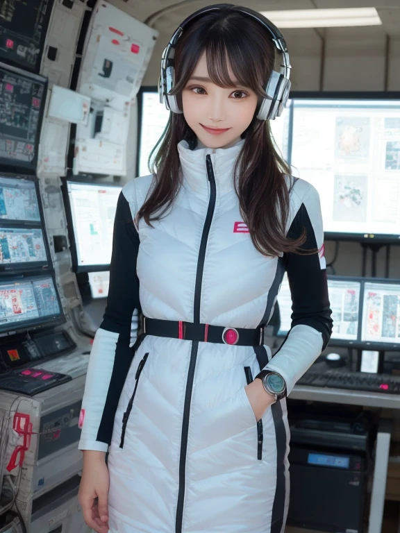 masterpiece, highest quality, Very detailed, 8K Portrait,Japanese Android Girl,plump , Control panel,Robotic arms and legs, Blunt bangs,,break (Metallic Gray, Metallic luster, Mirror finish, Astro Best):5,headphone:5,break (Black sleeves):100,Smart Watches,Futuristic space station,Control Room,break headphone,blue eyes,(Black Hair):2,(Long Hair):1.3,View the viewer,(respirator),break blush:3,Hidden Hand,smile