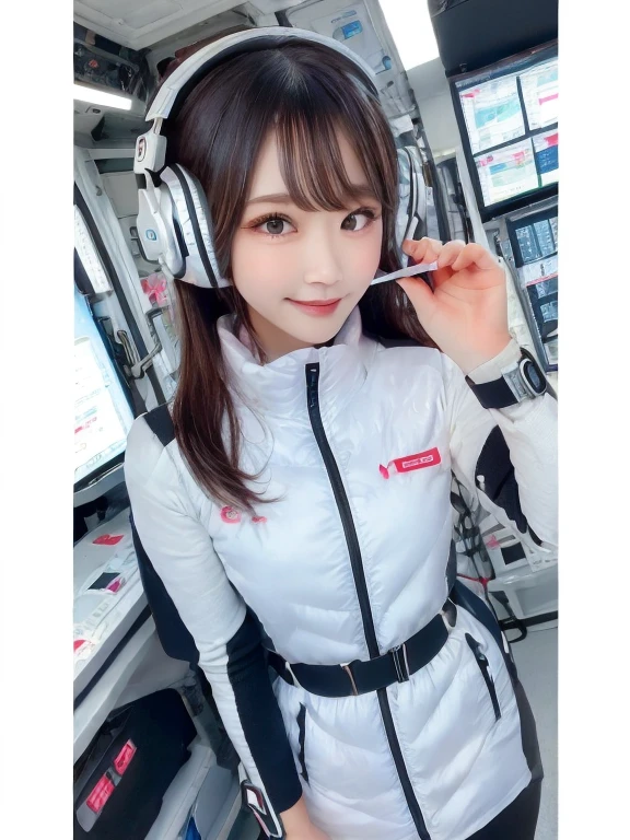 masterpiece, highest quality, Very detailed, 8K Portrait,Japanese Android Girl,plump , Control panel,Robotic arms and legs, Blunt bangs,,break (Metallic Gray, Metallic luster, Mirror finish, Astro Best):5,headphone:5,break (Black sleeves):100,Smart Watches,Futuristic space station,Control Room,break headphone,blue eyes,(Black Hair):2,(Long Hair):1.3,View the viewer,(respirator),break blush:3,Hidden Hand,smile
