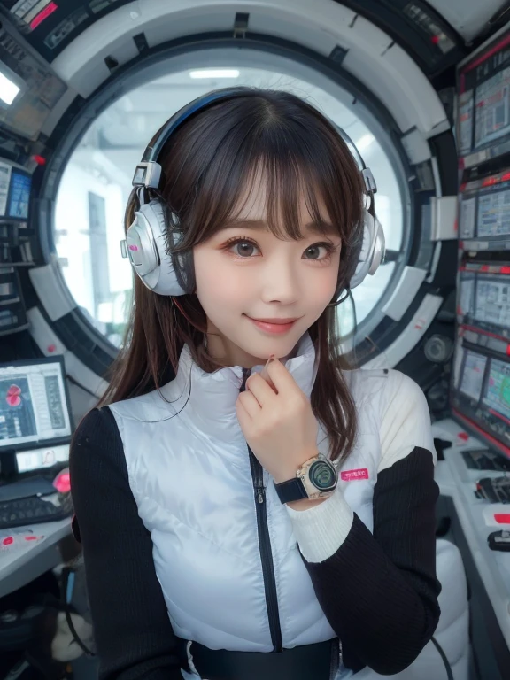masterpiece, Highest quality, Very detailed, 8K Portrait,Japanese Android Girl,plump , Control panel,Robotic arms and legs, Blunt bangs,,break (Metallic Gray, Metallic luster, Mirror finish, Astro Best):5,headphone:5,break (Black sleeves):100,Smart Watches,Futuristic space station,Control Room,break headphone,blue eyes,(Black Hair):2,(Long Hair):1.3,Displaying the viewer,(respirator),break blush:3,Hidden Hand,smile