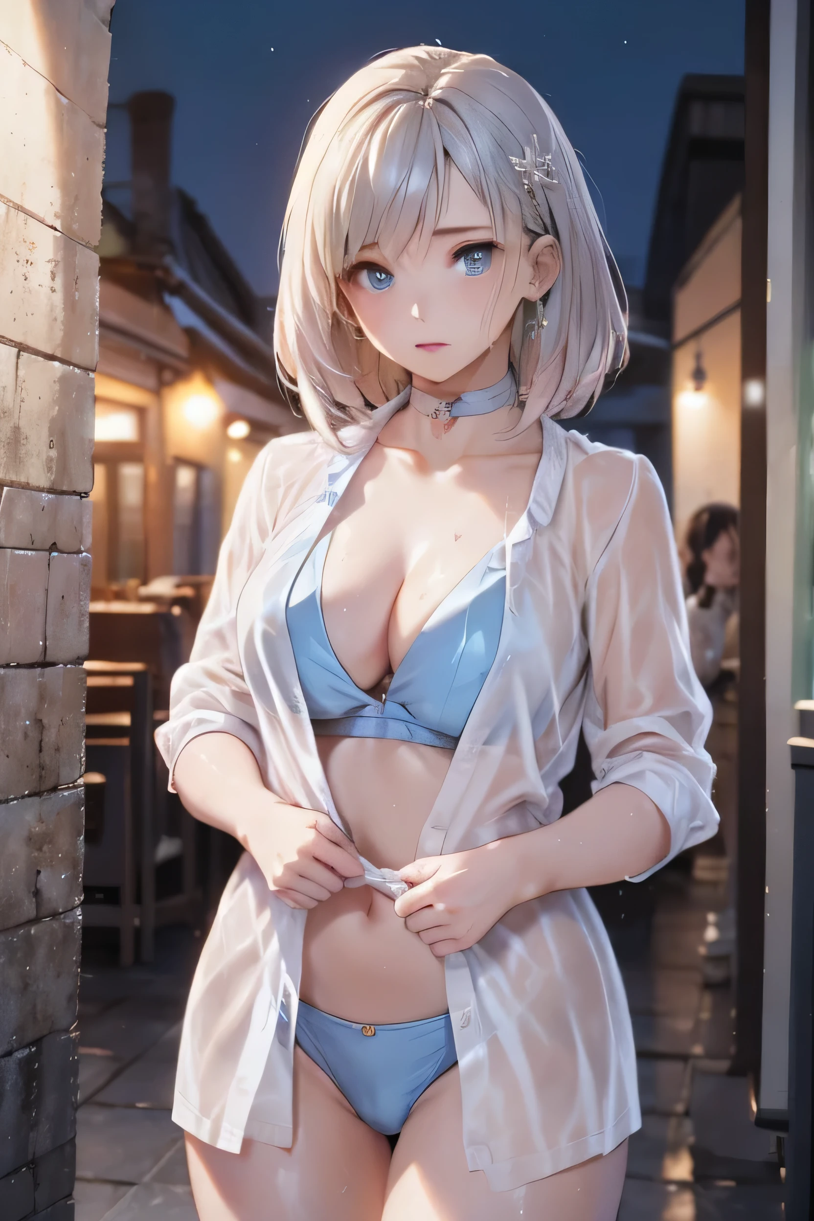 (Photorealistic:1.8, highest quality:1.8,8K masterpiece:1.8,High resolution,Mastepiece:1.8,RAW Photos,Cinematic lighting),No split screen, Back alley on a rainy night、City lights、Angle from below、
(Dancing nude woman)、(choker、Beautiful hair ornament、Nipple Accessories、Pussy Accessories、Transparent raincoat)、pubic hair、Wet Skin、Sweat dripping、Normal chest、Beautiful ass、Abdominal muscles、Beautiful thighs,Beautiful plump nipples、Beautiful genitals、Plump、Spread your pussy and show it to me、Up、Random Pause、
(Medium Hair、Thin, beautiful, shining vermilion, silver and gold hair)、Beautiful blue eyes、Beautiful red lip、
Realistic:1.3、Full Figure、Adult video shoot、(A rich expression、Blushing cheeks、painful、lonely)
